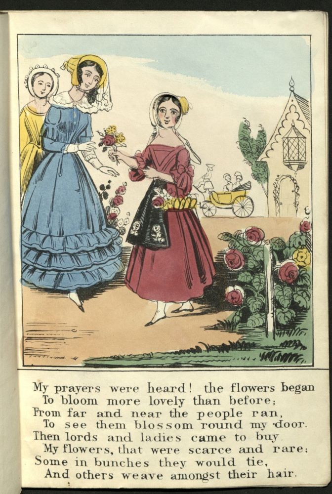 The orphan girl sells a bunch of flowers to a well-dressed lady. A fashionable coach appears in the background.