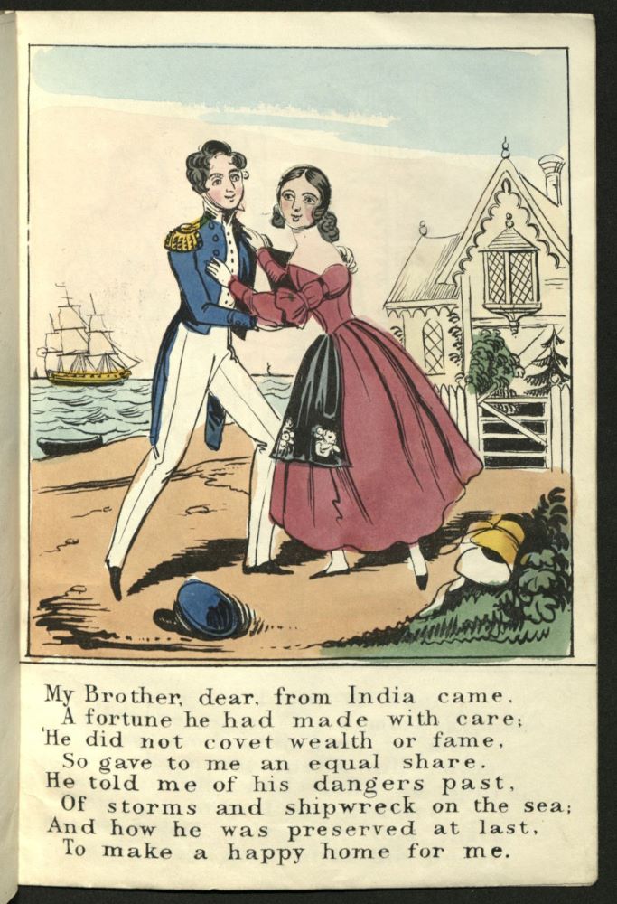 The brother, dressed in naval uniform embraces his sister at the cottage. A ship in full sail appears in the background.