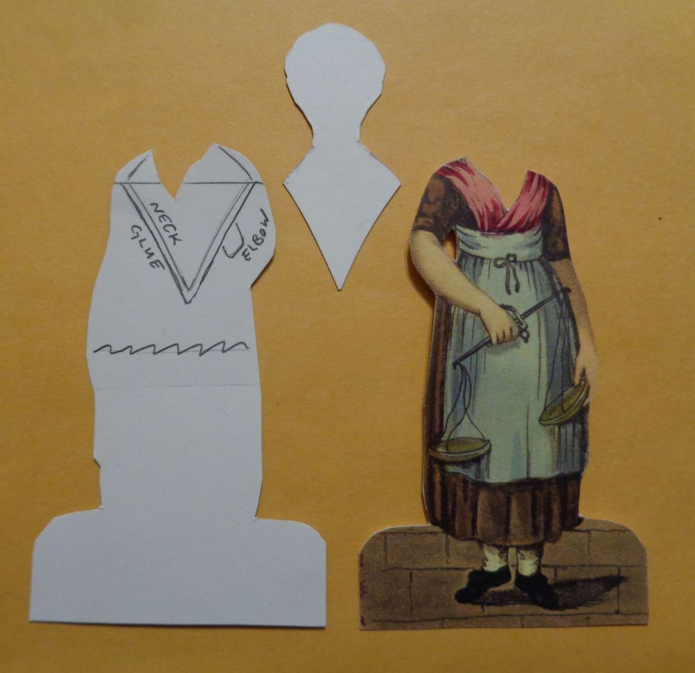 Front and back of a costume with the outline of the neck and the glue line marked in pencil. Also shown, the edges of the backing piece and an area tha will be cut away in final production