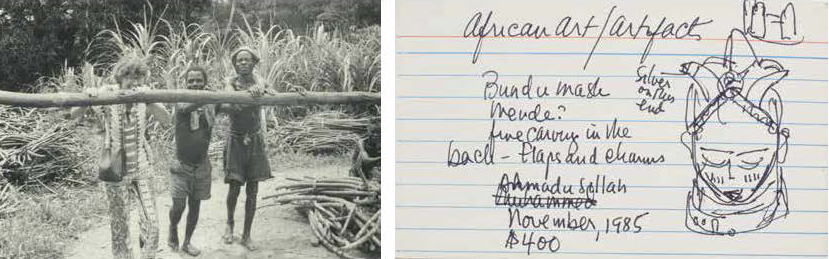 Photograph of Jane Martin and workers at Nyema Smith's sugar cane production in Liberia (April 15, 1976); Catalog Card written by Jane Martin (c. 2000) from The Jane Martin Papers, Bryn Mawr College Archives