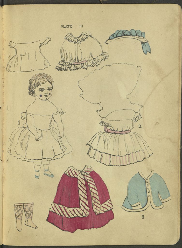 Plate III. Doll and a variety ofgarments, including a frock shown with front and back attached at the shoulders