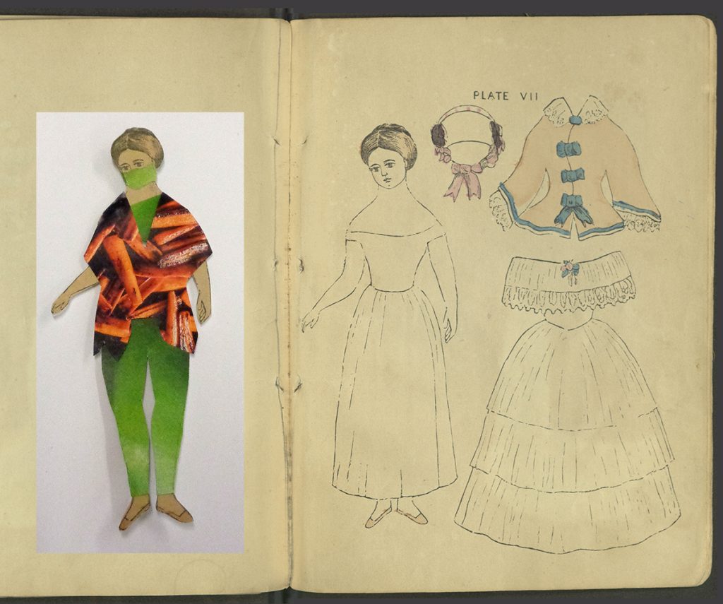 Plate VII. A teenaged doll with bonnet, coat, and ball gown. A modern doll, with costume, based on the original, is shown next to the plate.