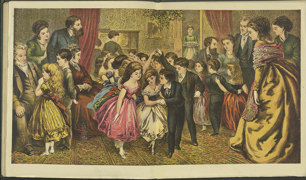 Large party in a domestic interior. Boys and girls dance together while adults look on. A woman plays the pianoforte in the background and a maid brings in refershments