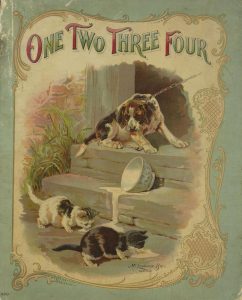 Cover of the book One Two Three Four. A leashed dog at the top of a short stairs barks at two kittens who are drinking milk from an spilled bowl on the step between them and the dog.