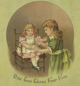 Image from a book cover with a girl about eight years old, counting the fingers of a toddler. Below is written "One Two Three Four Five."