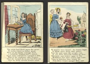 Pages from The Orphan Girl, showing the protagonist praying and selling flowers