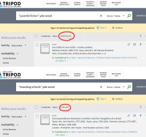 Compared screen shots showing 9099 results for the Tripod catalog search ' "juvenile fiction" yale wood' and 54 for the search ' "boarding schools" yale wood' 