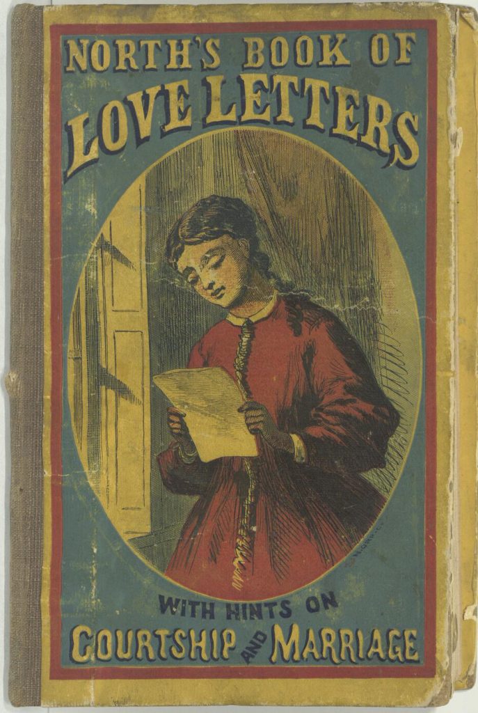Cover of Noth's Book of Love letters. Within a frame of the extended title, a lady in a red dress stands at a windoe reading a letter