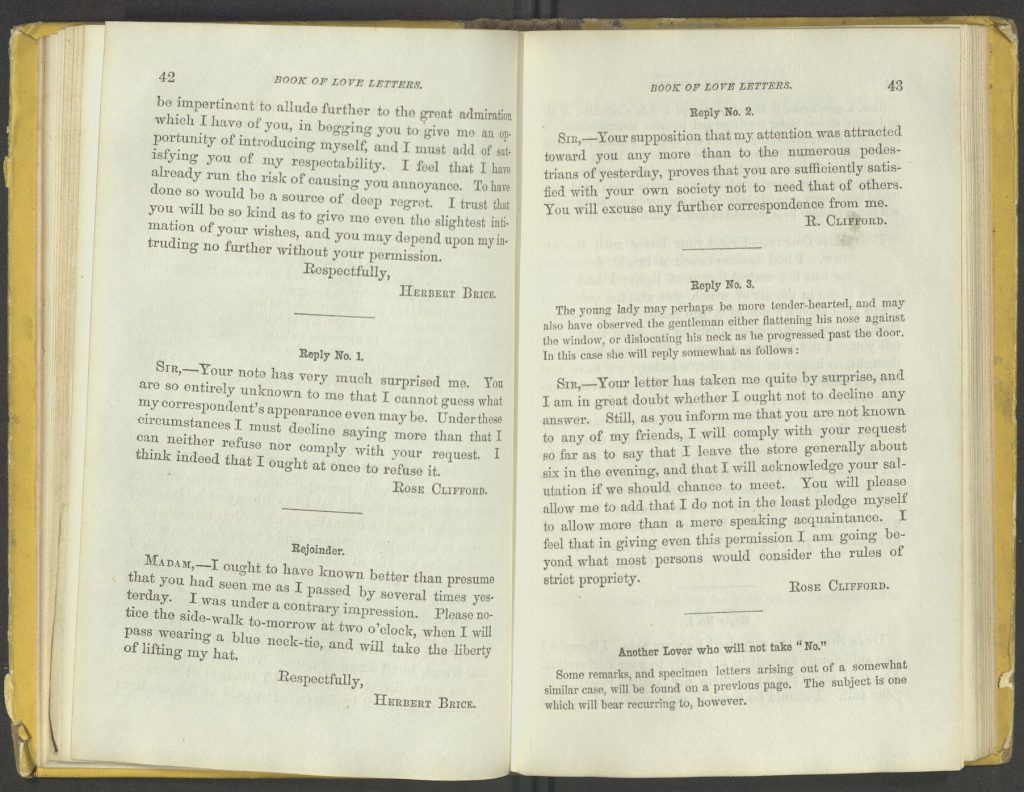 An exchange of letters between a lady who works in a chop and a man who presumes to make her acquaintance