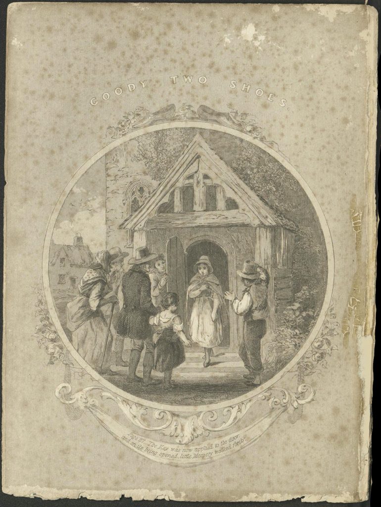 Several adults and a child gather around a church door, out of which Marjory steps. Caption reads, "The key was now applied to the door, and on its being opened, Little Margery walked forth."