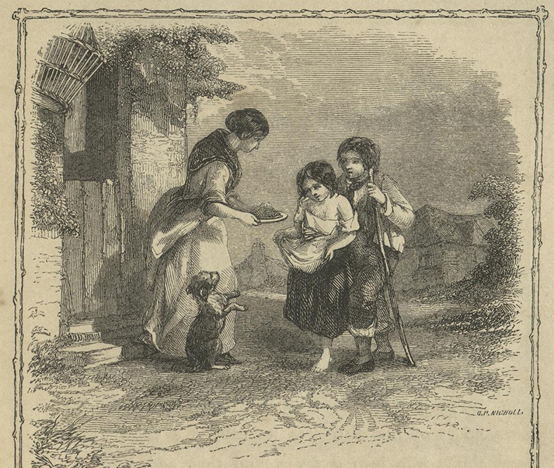 Margery and Thomas Meanwell, beg for food. A woman brings a plate for them while a dog begs.